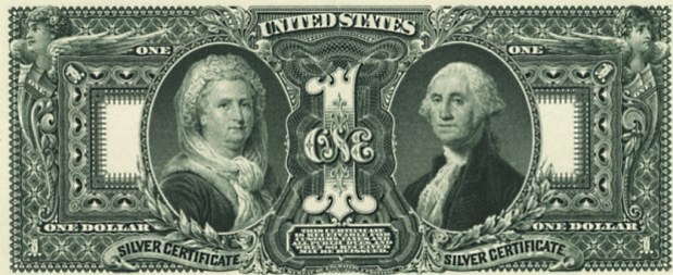 Na jednodol�rovke z roku 1896-1901 s� na zadnej strane hlavn�m vizu�lnym prvkom portr�ty George a Martha Washington�ch. 